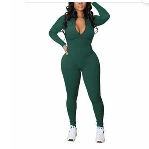 Hunter Green Ribbed Zip Front Jumpsuit Bodycon One Piece Long Sleeve XXL NWT